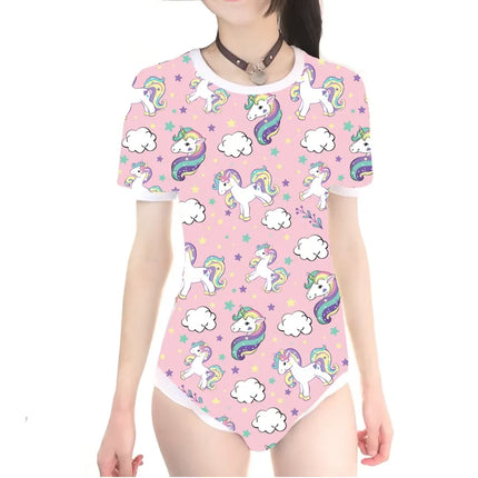 ABDL Bodysuit Button Crotch Romper Onesie (Pink Unicorn Print)