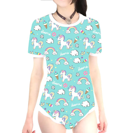 ABDL Bodysuit Button Crotch Romper Onesie (Green Unicorn Print)