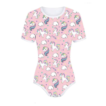 ABDL Bodysuit Button Crotch Romper Onesie (Pink Unicorn Print)